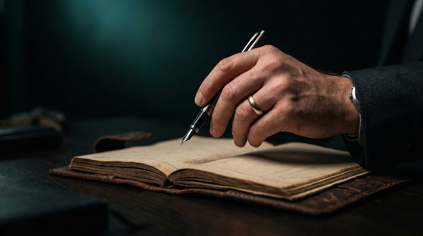 A hand holding a fountain pen, poised above an open ledger, not yet writing.