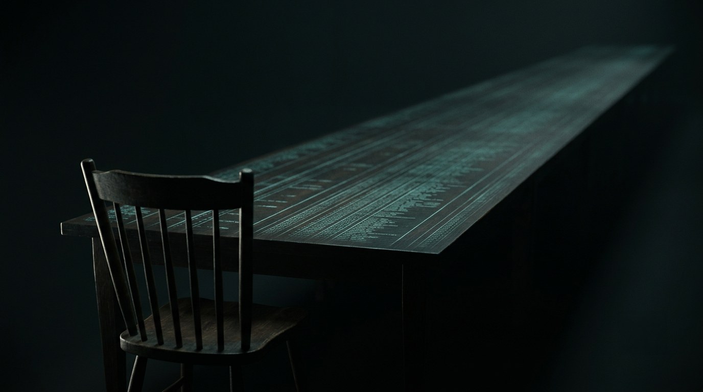 A single empty wooden chair at the near end of a long dark table, its surface inlaid with countless faint glowing entries receding into darkness.